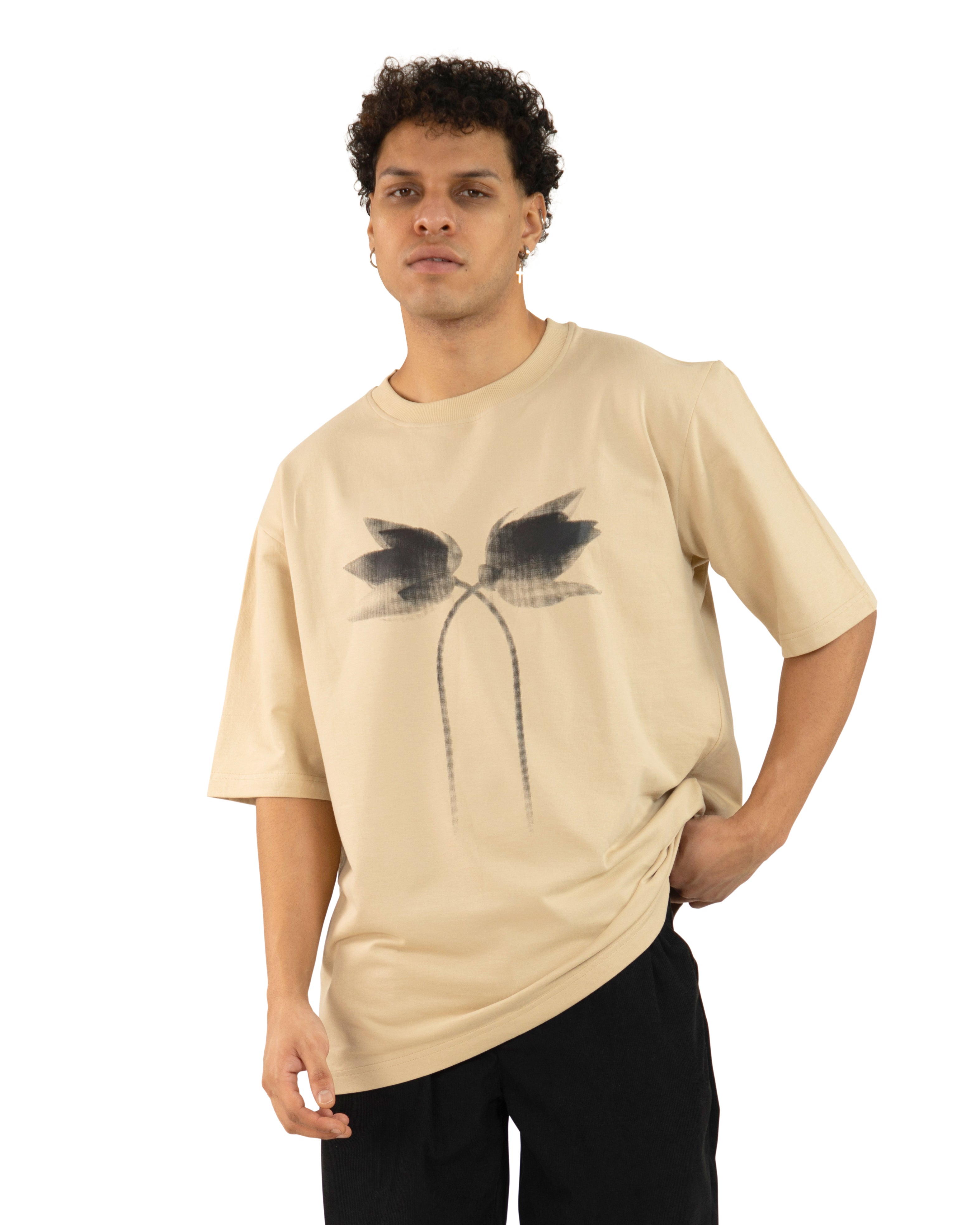 "Men Lotus Printed Beige Oversized T-Shirt front"